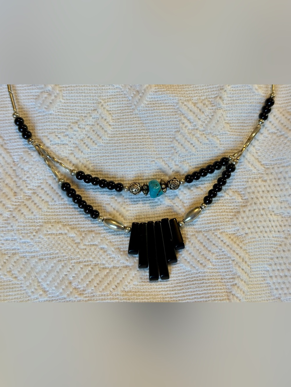 Native Style Beaded Necklace, Silver/Black/Turquoise